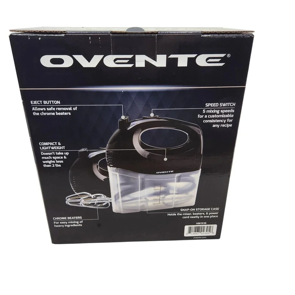 Ovente HM151B 5-Speed Hand Mixer Black 150W Electric Snap-On Storage Case Set